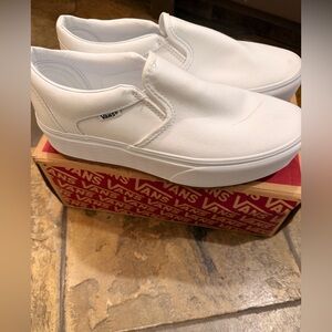 Vans White Canvas Platform Slip-On Shoes